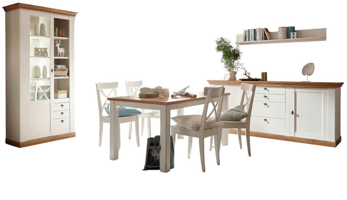 ESSZIMMER-SET weiß Pinie, Eiche Wotan, Landhaus Speisezimmer 4-teilig - Eichefarben/Silberfarben, Holzwerkstoff/Metall (210/204/88cm) - Furn.Design