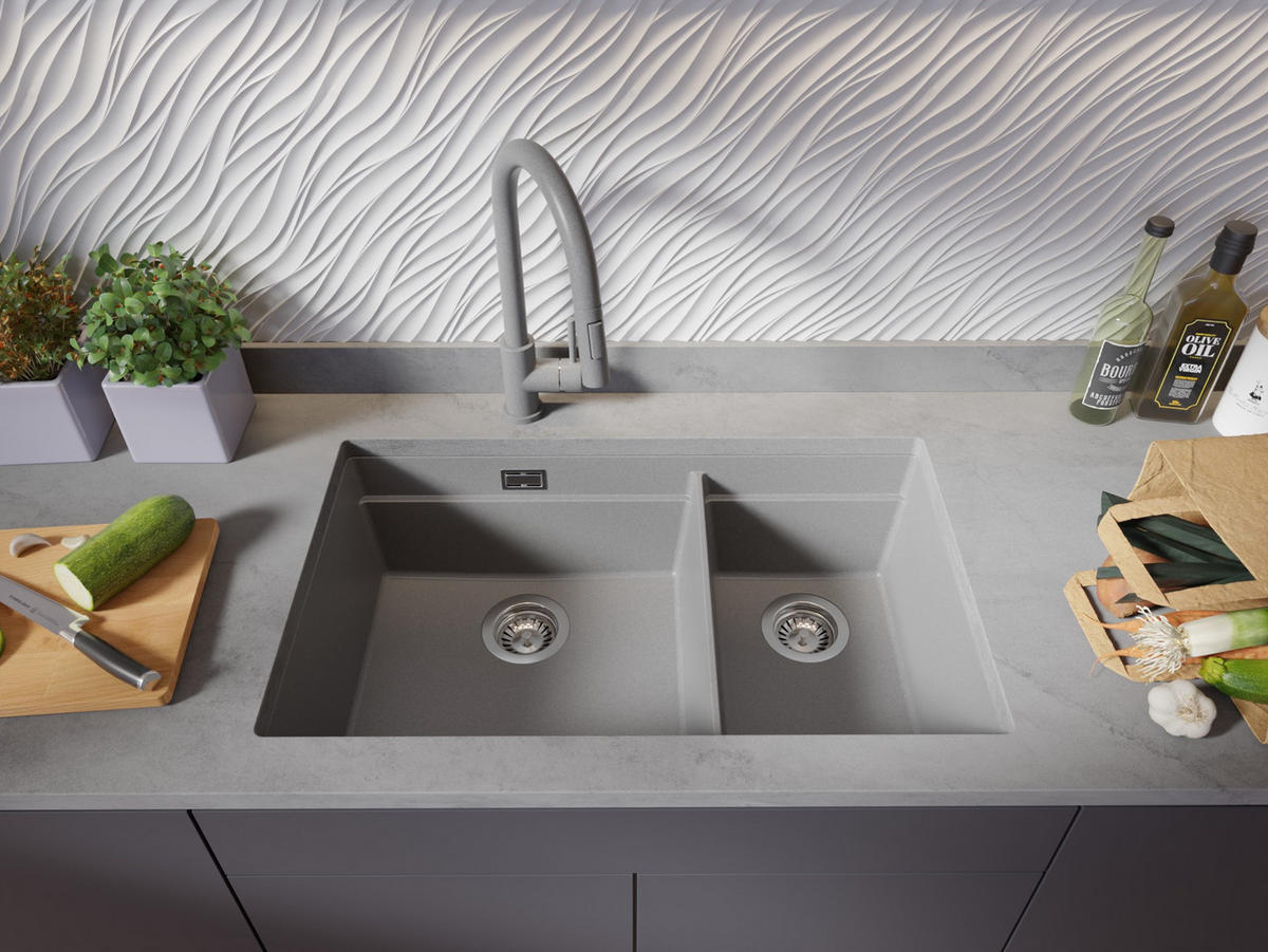 GRANITSPÜLE Praga Slim Duo, 2-er set Grau 76/47 cm 2 Becken + Küchenarmatur 40/20 cm + Ablauf-Set + Aufrollbare Abtropffläche ab 80er Unterschrank - Chromfarben/Grau, Kunststoff (76/20/47cm) - Primagran