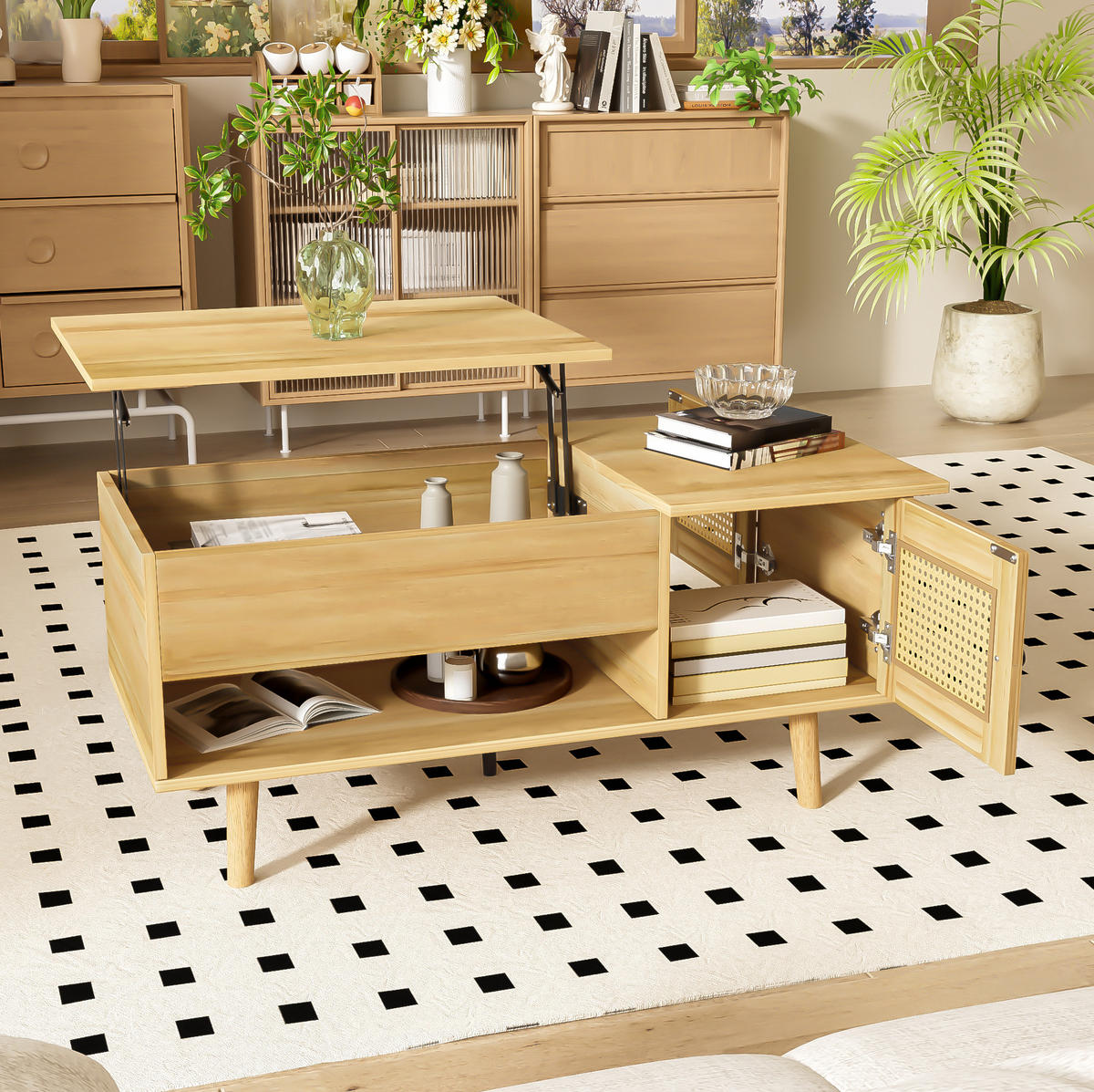 COUCHTISCH aus Spanplatte 103x50x60 cm Holzfarbe/Schwarz mit anhebbarer Tischplatte und Stauraum - Naturfarben, Holzwerkstoff (103/50/60cm) - IVMEU