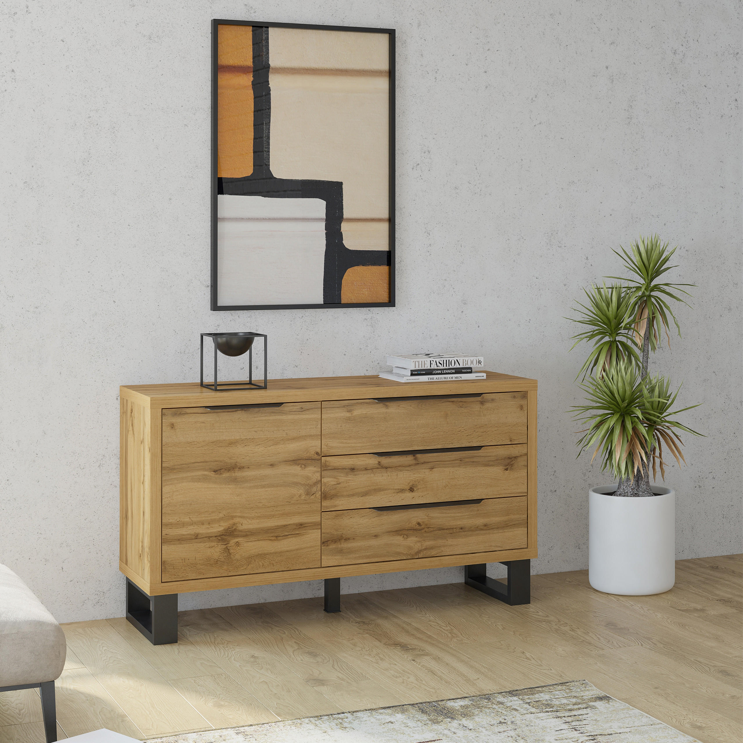 SIDEBOARD HALENZA 144/83/45 cm mit 3 Schubladen und 1 Türen Eiche Wotan - Eiche Wotan, Holzwerkstoff (144/83/45cm) - MASSENO