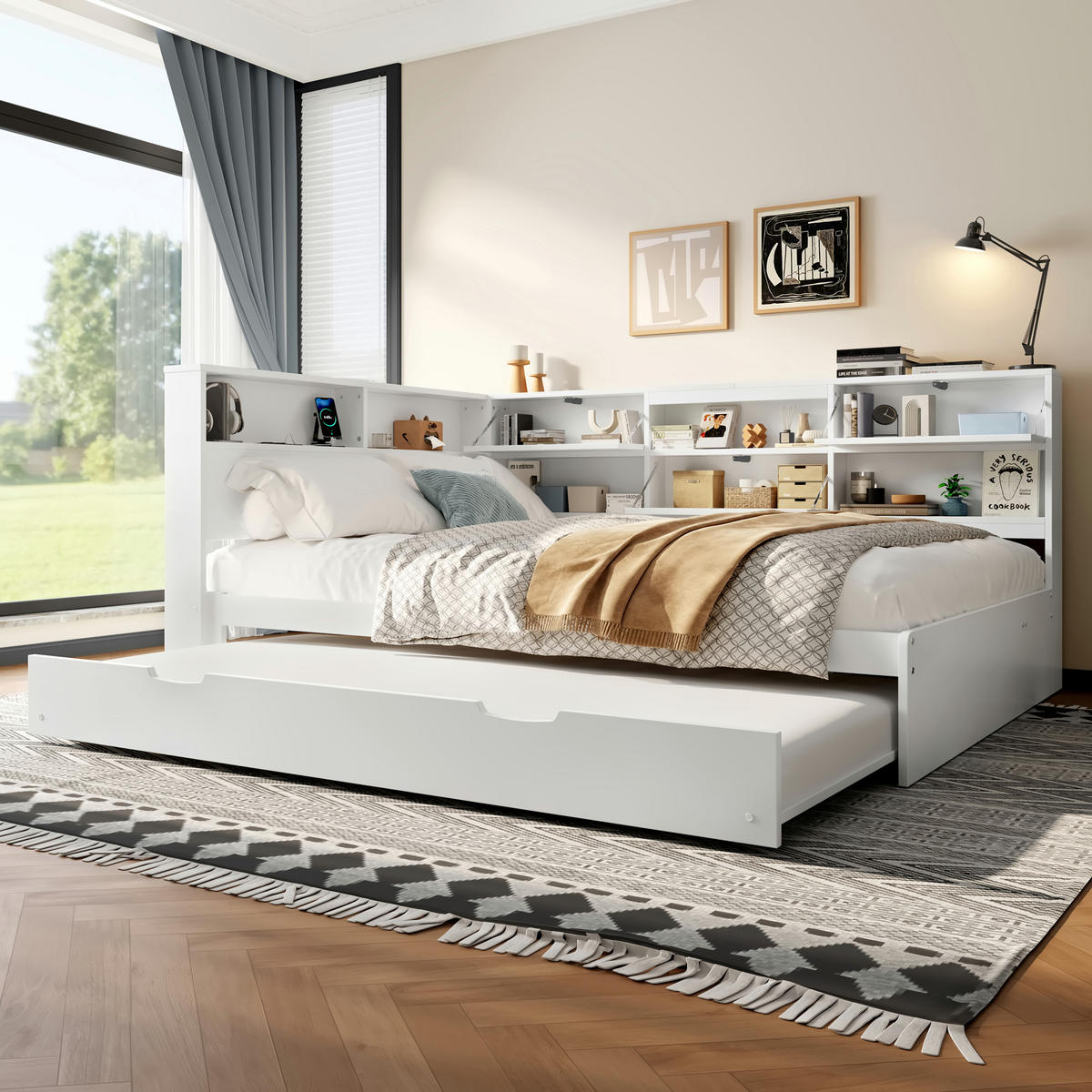 TAGEBETT 140x200cm Weiß Kopfteil Staufach Ausziehbett - Weiß, Holz (140/200cm) - FLIEKS