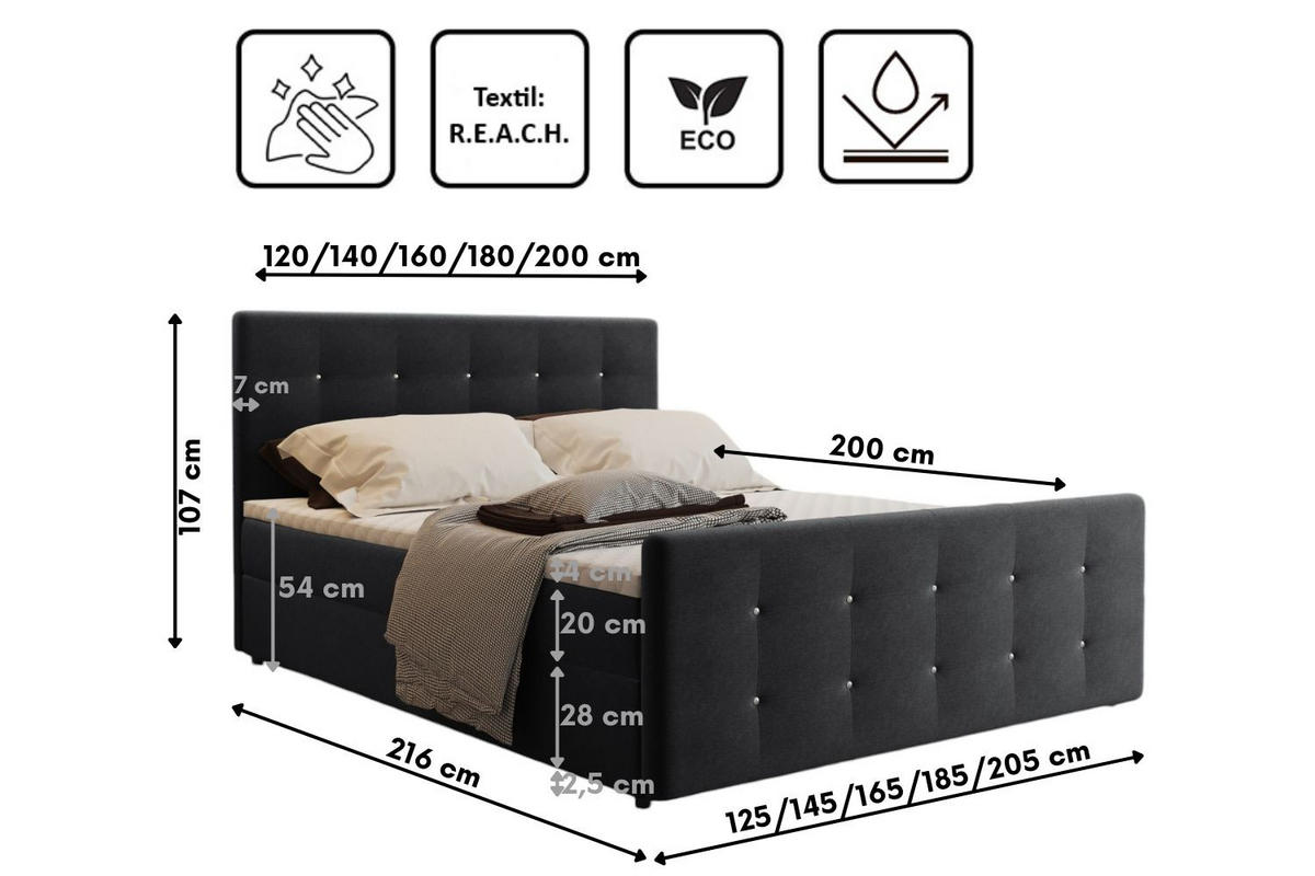 BOXBETT Mit Bettkasten Matratze Topper AMOR Schwarz 180x200 cm H2-Pocket - Schwarz, Holz/Holzwerkstoff (180/200cm) - Kaiser Möbel