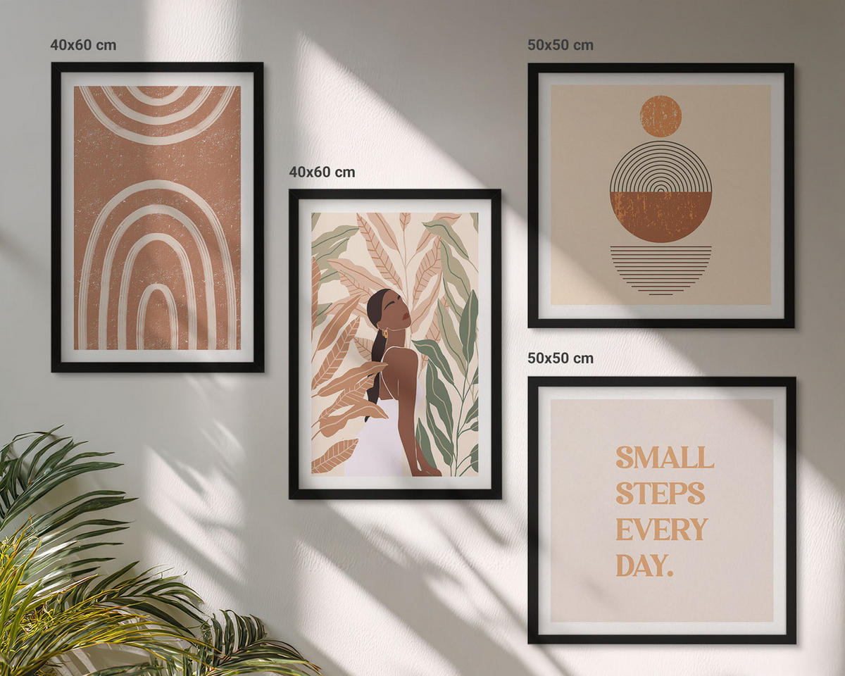 WANDBILDER 4er-Set - 50x50 cm & 40x60 cm Schwarzer Rahmen - Stilvolle Pflanzenmuster und Geometrie - Schwarz, Kunststoff (50/50cm) - ArtPrintCave