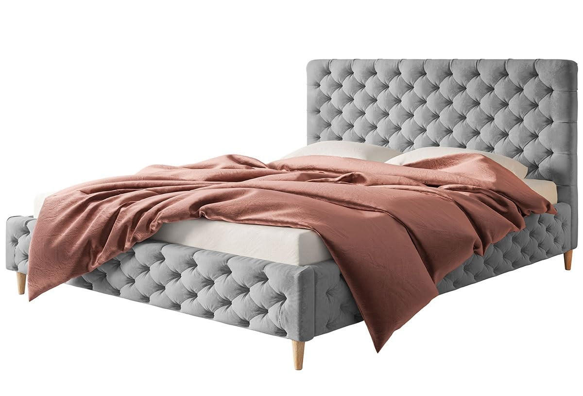 POLSTERBETT LUX Miami mit Kopfteil, 120 x 200 cm, Doppelbett mit Lattenrost aus Holz, Velourstoff Grau, Füße in Farbe: Braun - Grau, Holz/Textil (120/200cm) - Alpi-Möbel