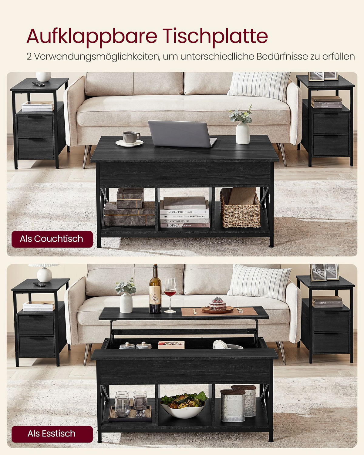 COUCHTISCH SAO TOME - Schwarz, Holzwerkstoff (60/100/62cm) - Hansiro
