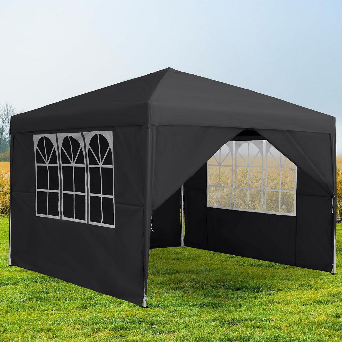 FALTPAVILLON 3 x 3 m Anthrazit mit 4 Seitenteilen und Fenstern - Schwarz, Textil (300/260/300cm)