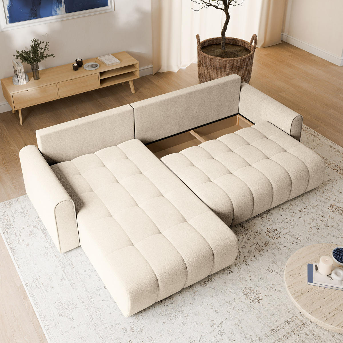 ECKSOFA FRIGA Creme Strukturstoff mit Schlaffunktion - Creme, Holz (283/185cm) - MASSENO