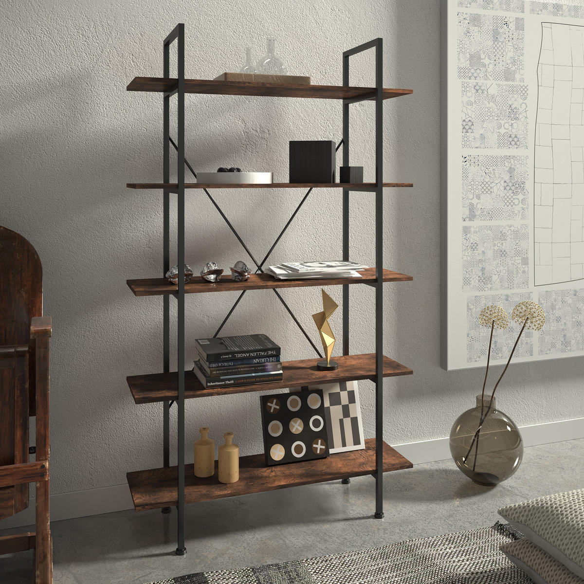 REGAL Glasgow,inklusive Kippschutz, 106 x 34,5 x 179,5 cm,Industrial Holz dunkel, rustikal - Rostfarben, Holz (34.5/179.5/106cm) - tectake