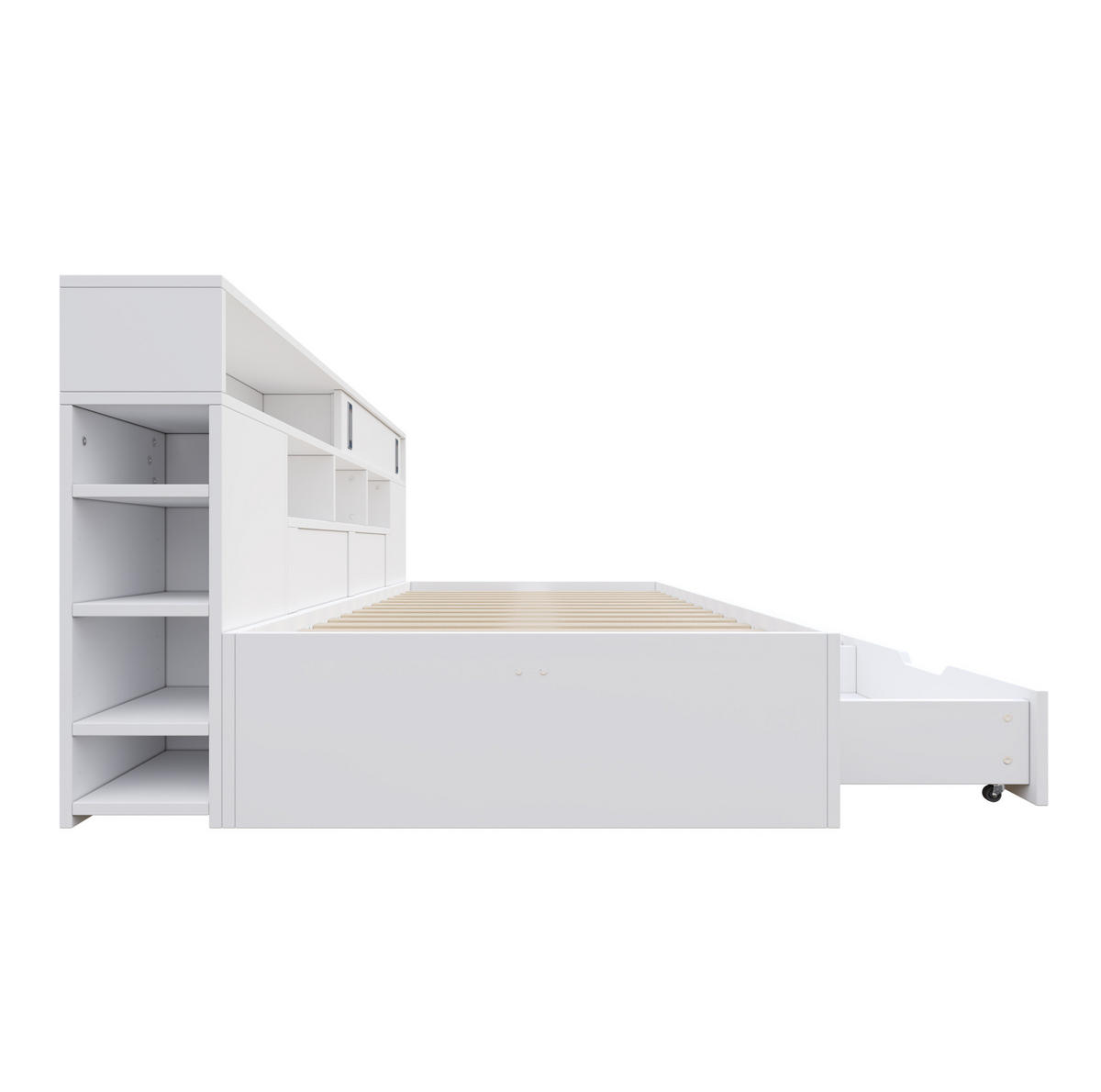 KINDERBETT aus MDF 90x200 cm Weiß mit 2 Schubladen, Schiebetürschrank, Regalwand und Lattenrost - Weiß, Holzwerkstoff (90/200cm) - Modfu