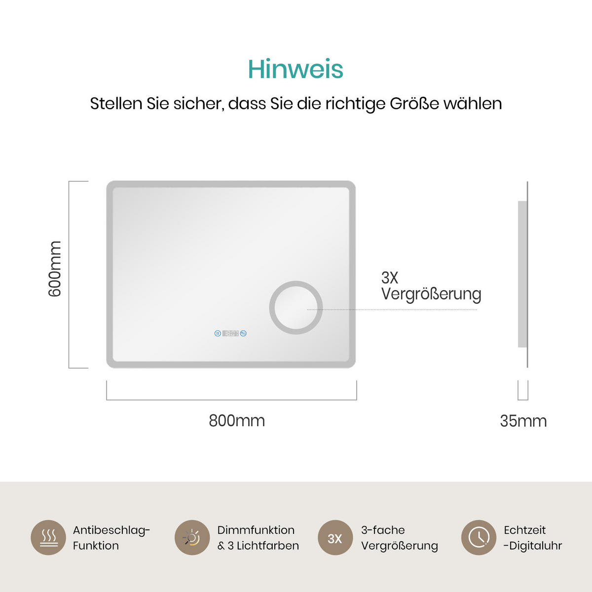 BADSPIEGEL mit 3-Tasten-Bluetooth Beleuchtung mit Integriertem Schminkspiegel 80/60 cm - Weiß, Glas (60/3.5/80cm) - EMKE
