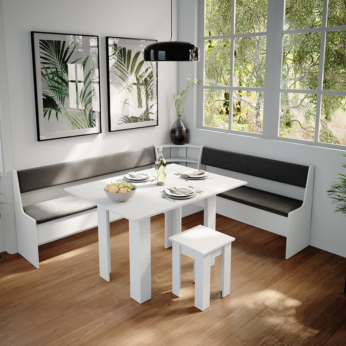 ECKBANKGRUPPE Roman Weiß 210 x 41.5 cm mit Tisch - Anthrazit/Weiß, Holzwerkstoff (210/80/180cm) - Vicco
