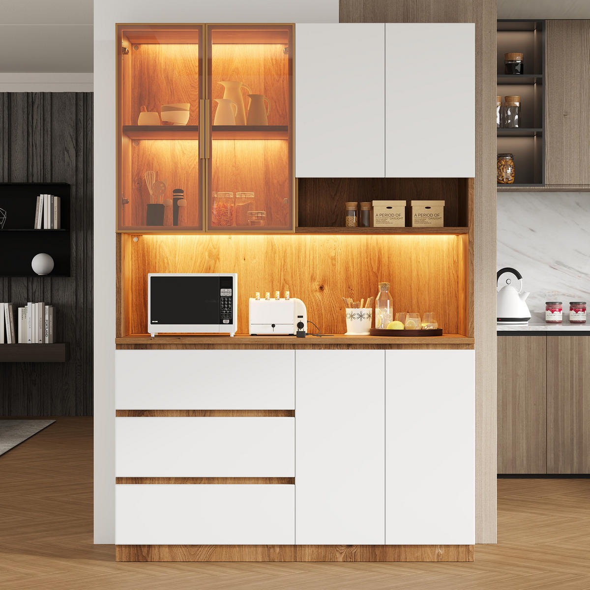 BUFFET SCHRANK LED 6 Türen 3 Schubladen 180cm Weiß - Weiß, Glas (120.5/180/40cm) - FLIEKS