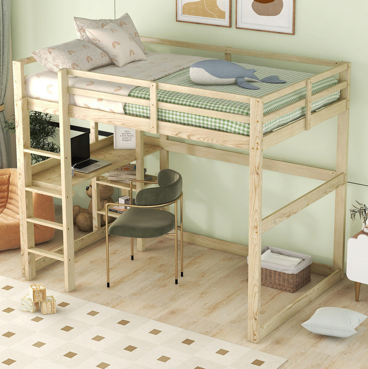 KINDERHOCHBETT aus Kiefernholz 140x200 cm Natur mit Schreibtisch und 4 Ablagefächern - Naturfarben, Holzwerkstoff (140/200cm) - IVMEU