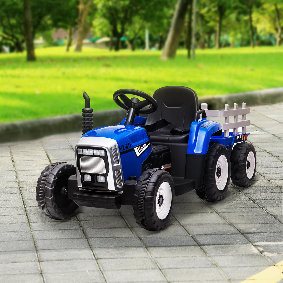 KINDER-ELEKTROAUTO DE-06132 mit Anhänger, mit Fernbedienung und Scheinwerfer Blau - Blau, Kunststoff/Metall (136.5/50/52.5cm) - ComfortXL