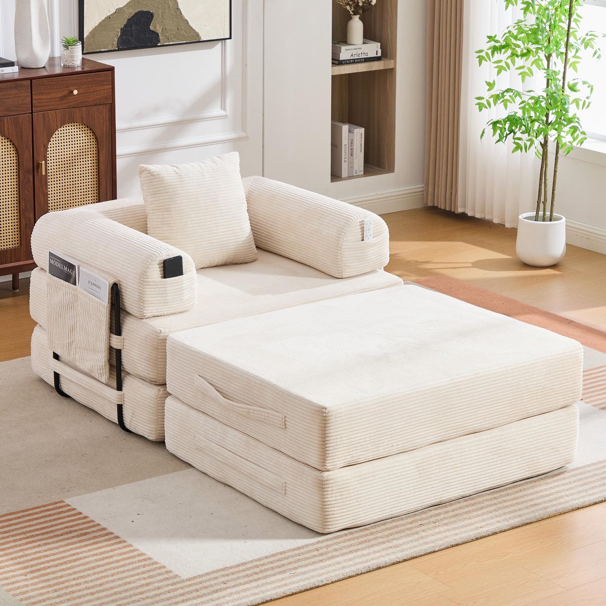 SOFA Cord Beige mit Kissen und Hocker - Beige, Textil/Metall (112/67/190cm) - WISHDOR