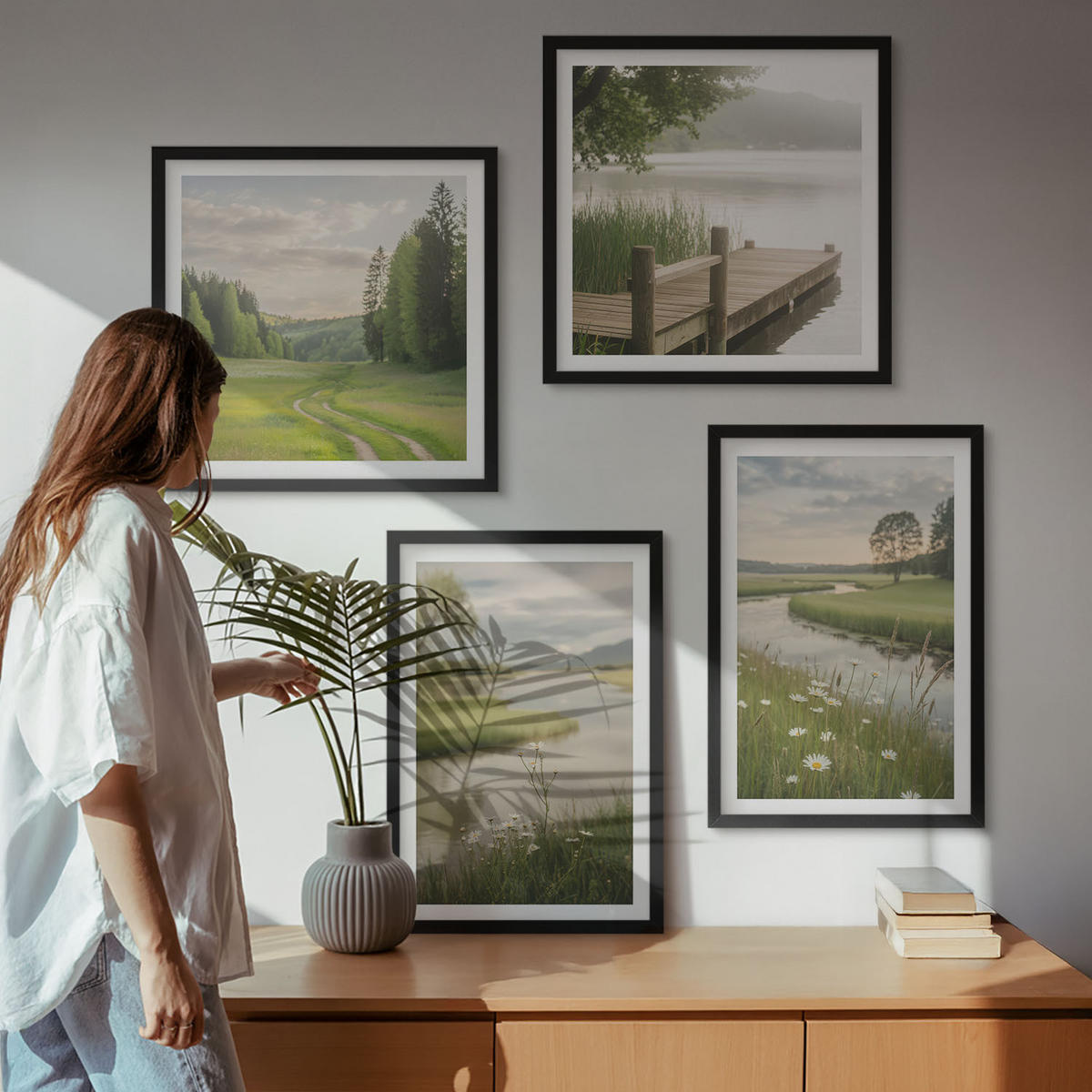 BILDER SET 4er Set - 50x50 cm & 40x60 cm Schwarzer Rahmen - Sommerlandschaften Flusswiese - Schwarz, Kunststoff (50/50cm) - TULUP