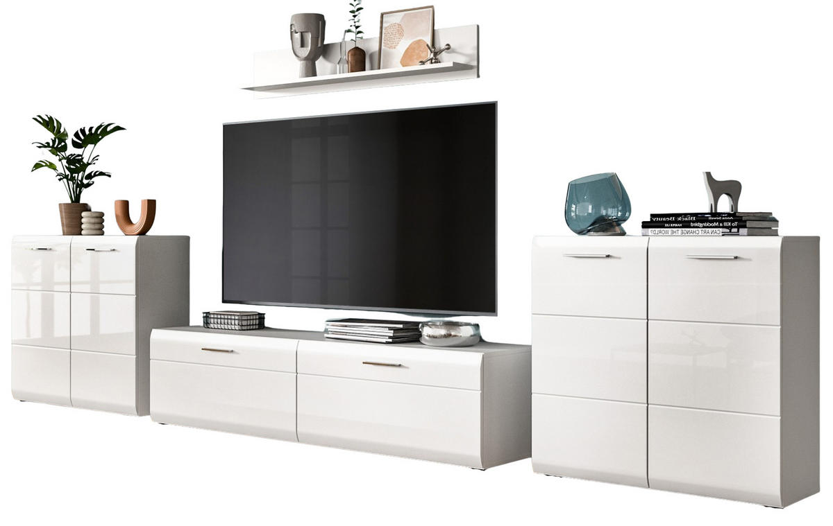 WOHNWAND weiß Hochglanz 4-teilig 350 cm, Schrankwand mit viel Stauraum - Weiß Hochglanz/Silberfarben, Glas/Holzwerkstoff (350/160/41cm) - Inn.Furn