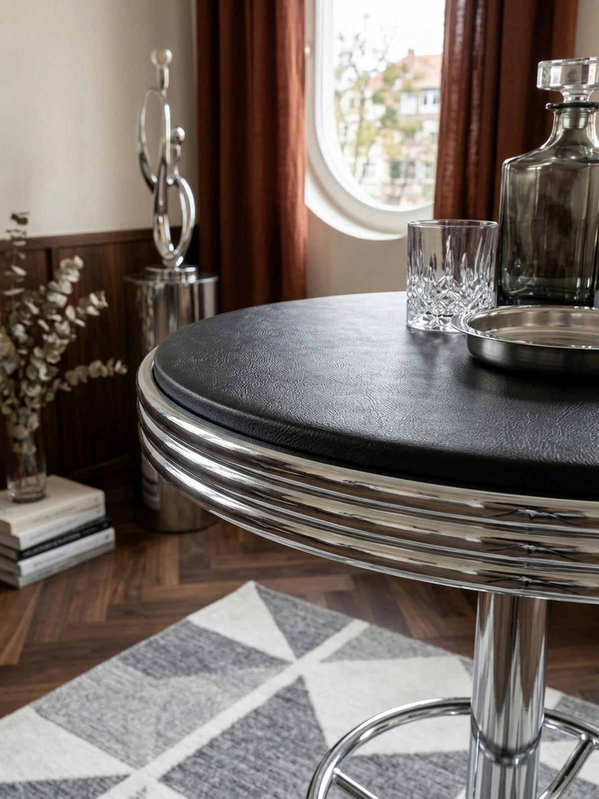 BARTISCH – Retro-Stil, höhenverstellbar, Aluminiumoptik, Kunstleder - Silberfarben/Schwarz, Textil/Metall (60/60/68cm) - KADIMA DESIGN