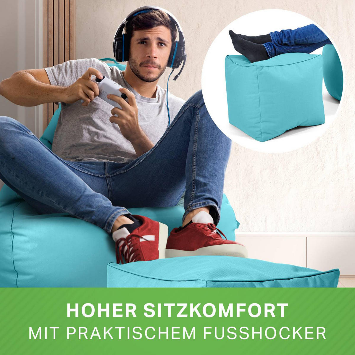 SITZSACK + Hocker "Cozy+Cube" 2er Set - Hellblau, Textil (70/90/80cm) - Green Bean