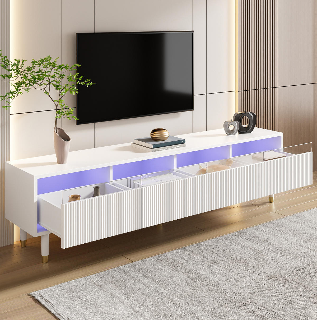 TV-SCHRANK aus MDF 178x35x45 cm Weiß mit 4 Schubladen, Kabeldurchführung und minimalistischem Design - Weiß, Holzwerkstoff (178/45/35cm) - Modfu
