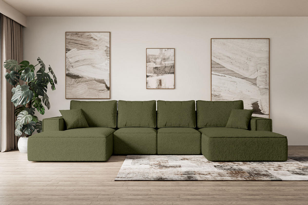 WOHNLANDSCHAFT mit Schlaffunktion und Bettkasten SIERRA-U-S - 349x161x87 cm Grün Bouclé - Schwarz/Grün, Holzwerkstoff/Kunststoff (349/87/161cm) - ALTDECOR