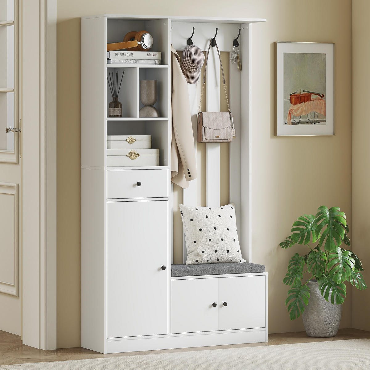 GARDEROBENSCHRANK mit Sitzbank Schuhschrank 4 Haken Weiß - Weiß/Grau, Holzwerkstoff (30/180/100cm) - HOMCOM
