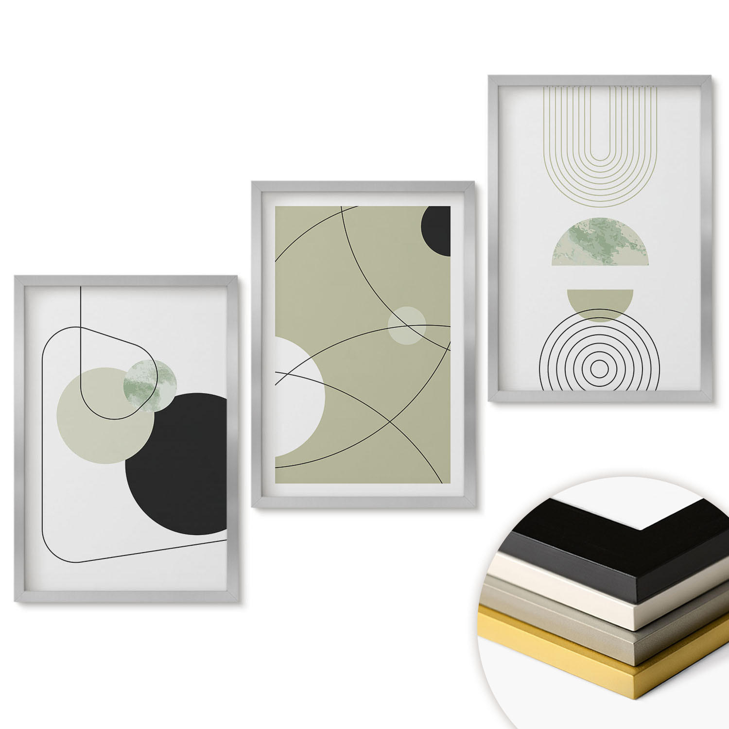 WANDBILDER 3er Set - 40x60 cm Silberner Rahmen - Abstrakte Formen und Farben - Silberfarben, Kunststoff (40/60cm) - ArtPrintCave