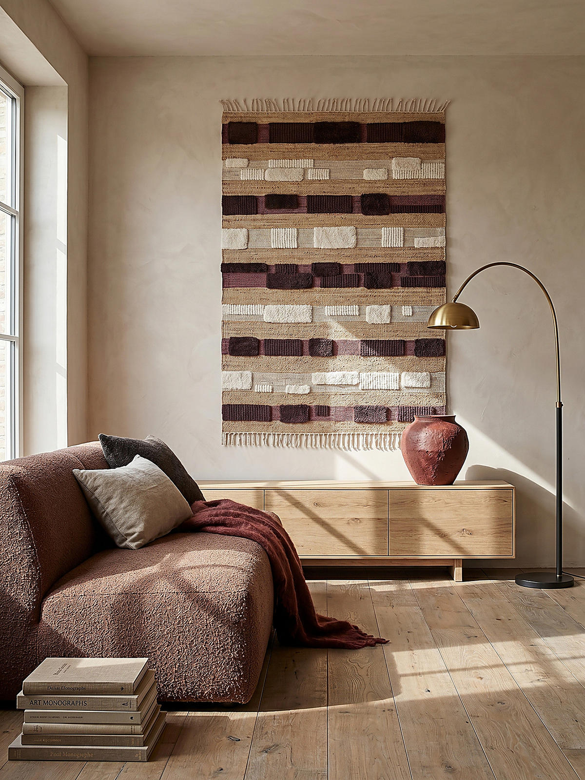 TEPPICH Hoch-Tief Struktur Gestreift, Patchwork-Optik, mit Fransen wendbar, Esszimmer schmutzabweisend Natur-Lila Rechteckig 160x230 - Lila, Textil (230/160cm) - KADIMA DESIGN
