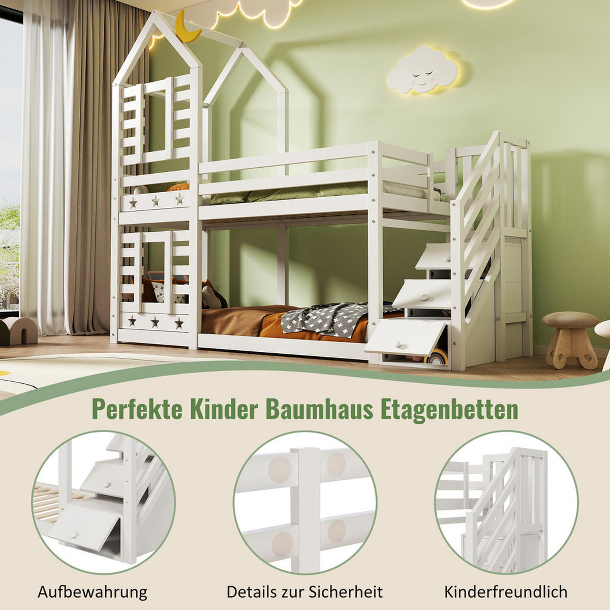 ETAGENBETT 90x200cm Baumhaus Design mit Schubladen & Rausfallschutz Weiß - Weiß, Holz - FLIEKS