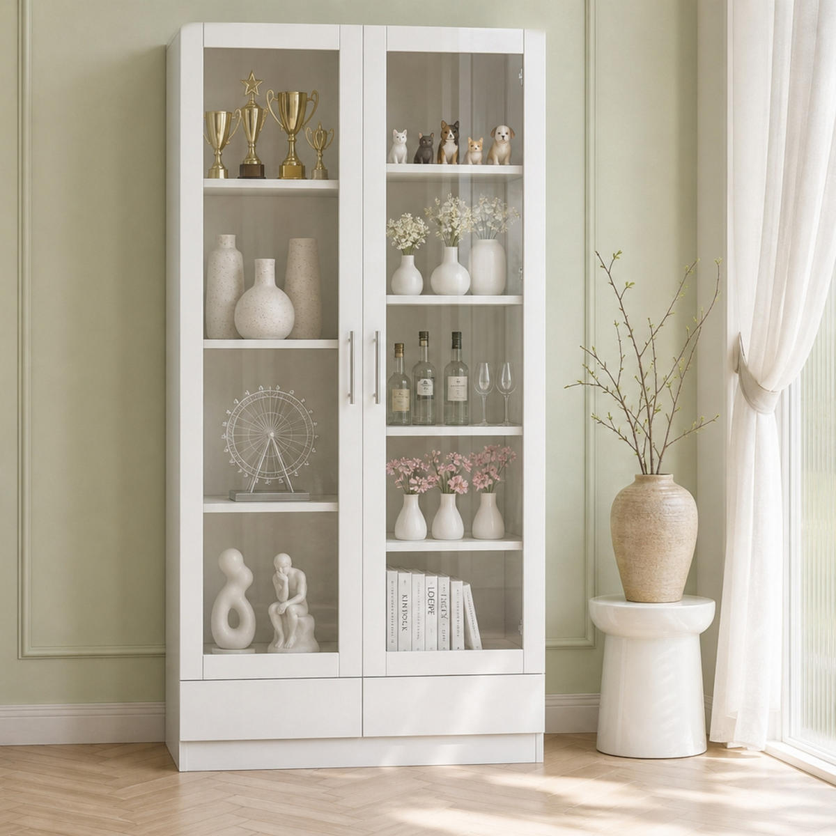 KÜCHENSCHRANKWEISS 80x40x160 cm, MDF und Glas, MIT 2 SCHUBLADEN, für Wohnzimmer und Büro - Weiß, Holzwerkstoff (40/160/80cm) - Rolipo