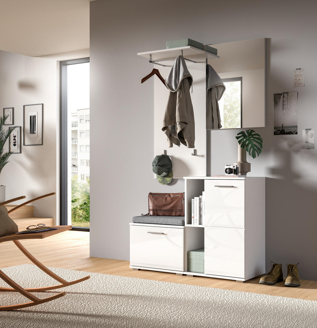 GARDEROBE Set 4-teilig weiß Hochglanz 110 cm, Kombination mit viel Stauraum - Weiß Hochglanz/Silberfarben, Glas/Holzwerkstoff (110/191/37cm) - Inn.Furn