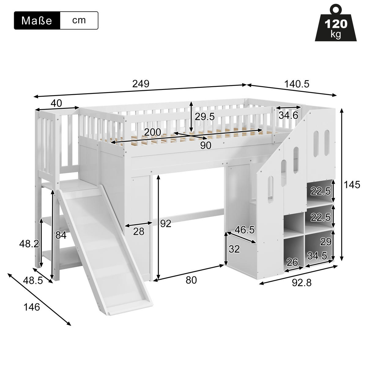 HOCHBETT 90/200 cm in Weiß Kinderbett mit Rutsche, Stauraumtreppe und LED - Weiß, Holzwerkstoff (90/200cm) - STILVORA