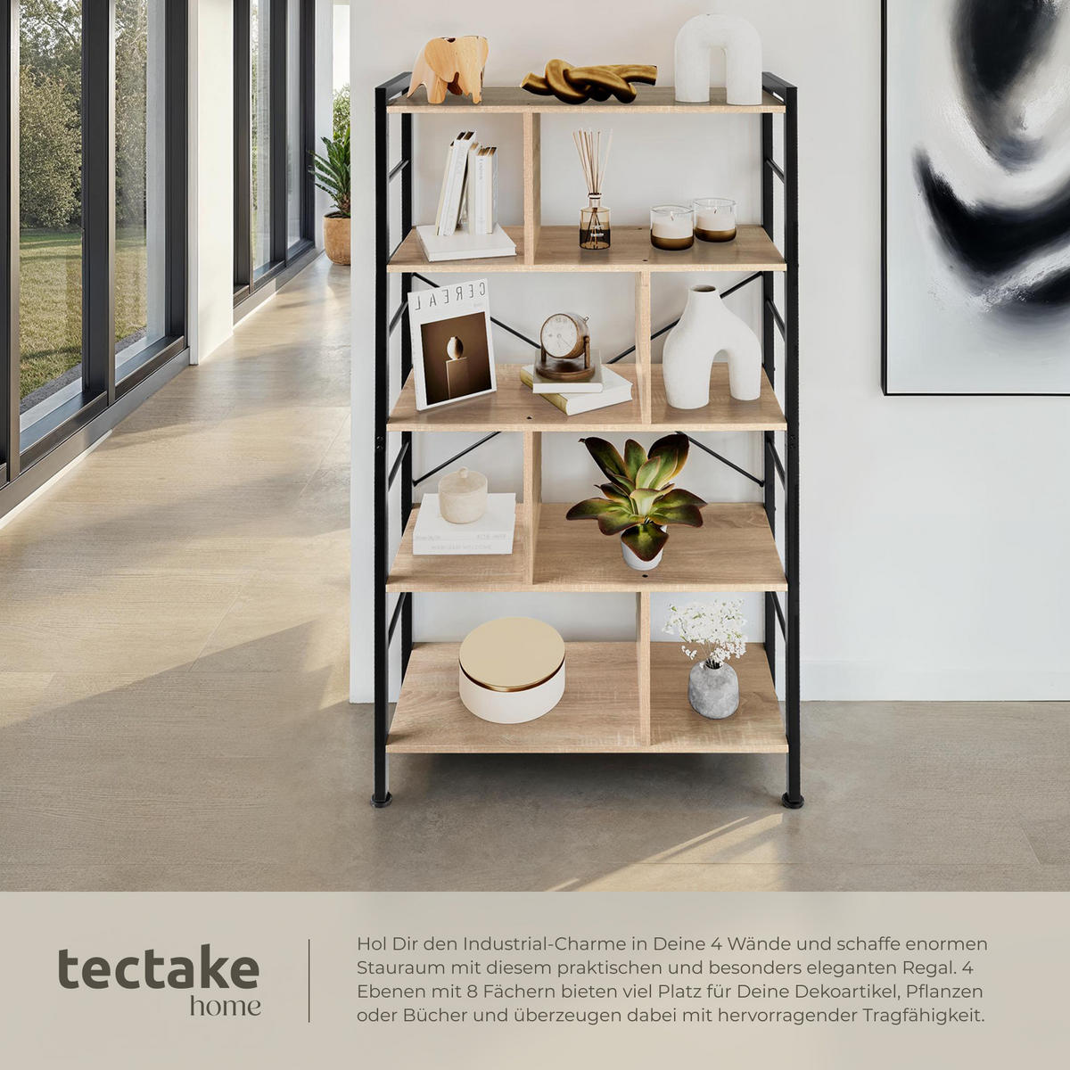 REGAL Charleston,inklusive Kippschutz, 75,5 x 30 x 155 cm,Industrial Holz hell, Eiche Sonoma - Naturfarben, Holzwerkstoff (30/155/75.5cm) - tectake