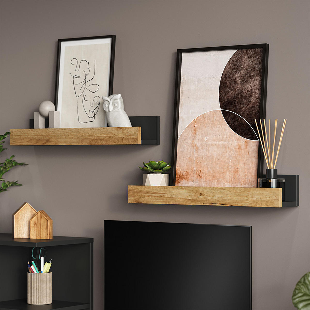 WANDREGAL Tomy Anthrazit/Goldkraft Eiche 60 x 10 cm 2er Set - Anthrazit/Eiche Wotan, Holzwerkstoff (60/10/12cm) - Vicco