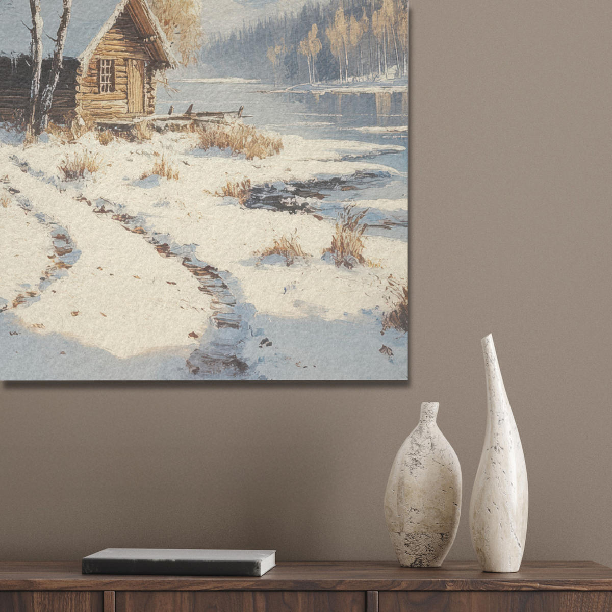 AKUSTIKBILD Winter - Schnee - Zuhause - Natur Wanddeko 60x90 cm - Hellbraun, Kunststoff (60/90/0.9cm) - MuchoWow