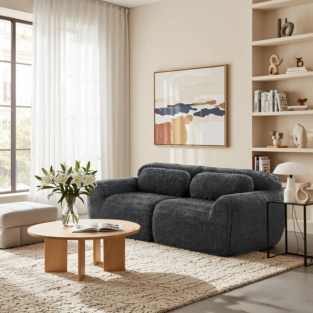 2-SITZER SOFA plüschstoff grau mit rahmenlosem design & rutschfester basis - Grau, Textil (204/73/104cm) - Urban Meuble