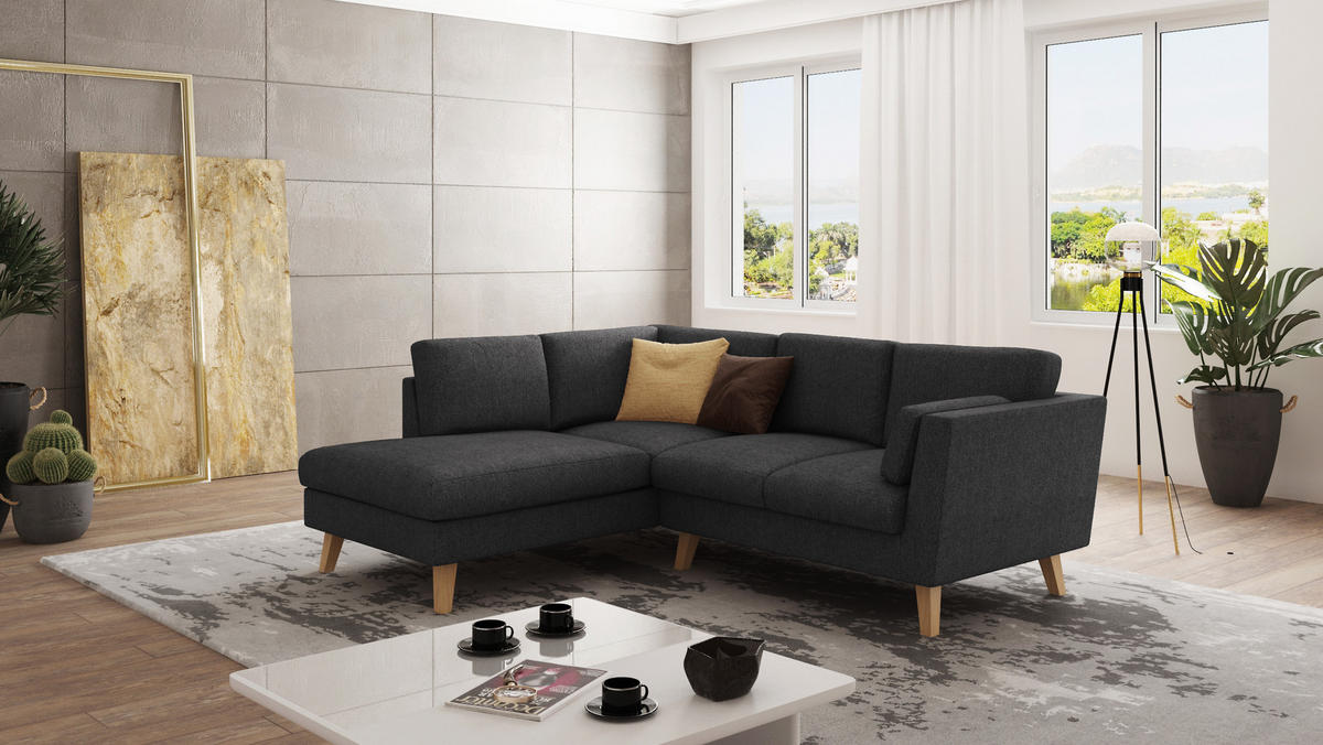ECKSOFA Mario Graphit Microfaser - Graphitfarben/Naturfarben, Buchenholz/Textil (221/186cm) - S-Style Möbel