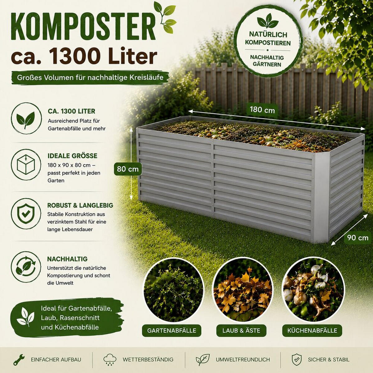 KOMPOSTER Garten, Silber, 180 x 90 cm - Silberfarben, Metall (180/80/90cm) - Vicco