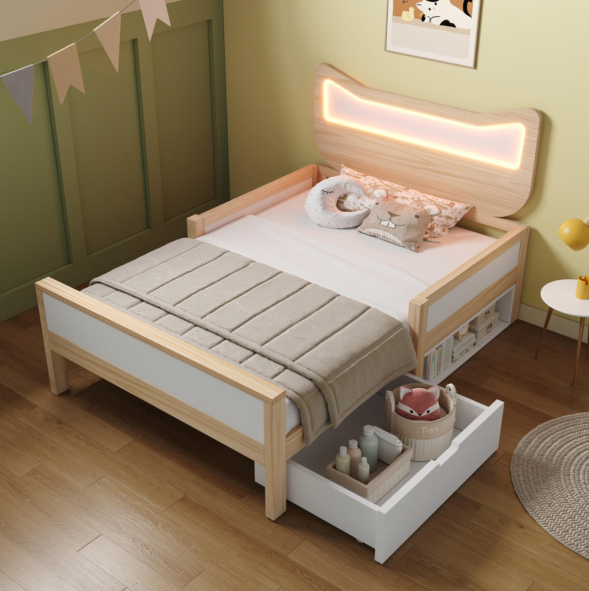 KINDERBETT 90/190 cm aus Holz mit Katzenkopfteil und RGB-LED Weiß/Eiche - Eichefarben, Holz (90/190cm) - Modenvie