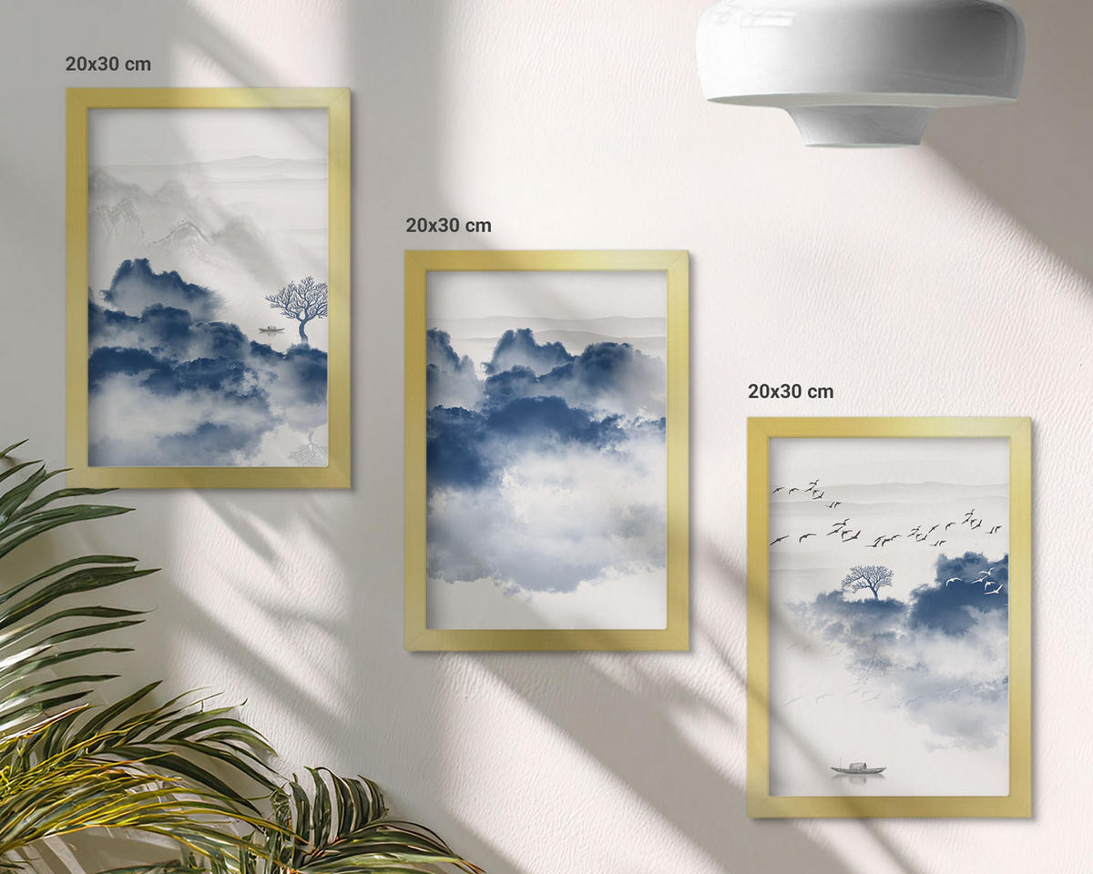BILDER SET 3er Set - 20x30 cm Goldrahmen - Berge, Wolken, Bäume, Vögel - Goldfarben, Kunststoff (20/30cm) - TULUP
