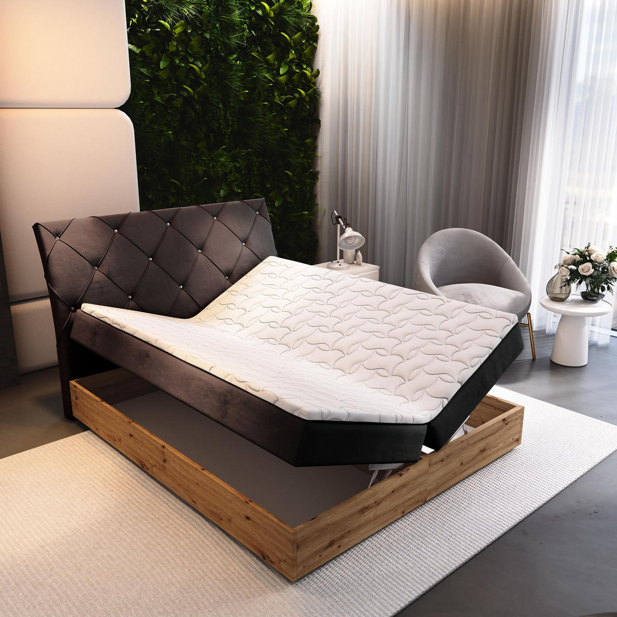 BOXBETT VELLANO 140x200 cm mit Matratze und Topper - Braun - Braun, Holz (140/200cm) - MASSENO