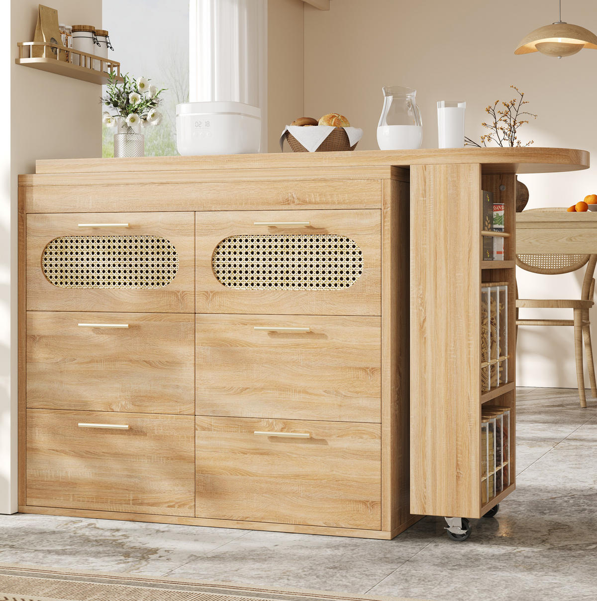 BARTISCH drehbar 128-203 cm Natural MDF/Metall mit 6 Schubladen - Braun, Metall (203/39/90cm) - Meubliv