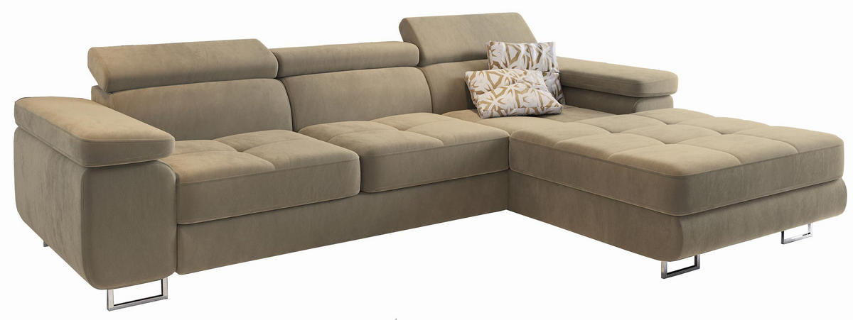 ECKSOFA ELMA R-S Creme Velours-Stoff mit Schlaffunktion - Creme, Holz (280/205cm) - MASSENO