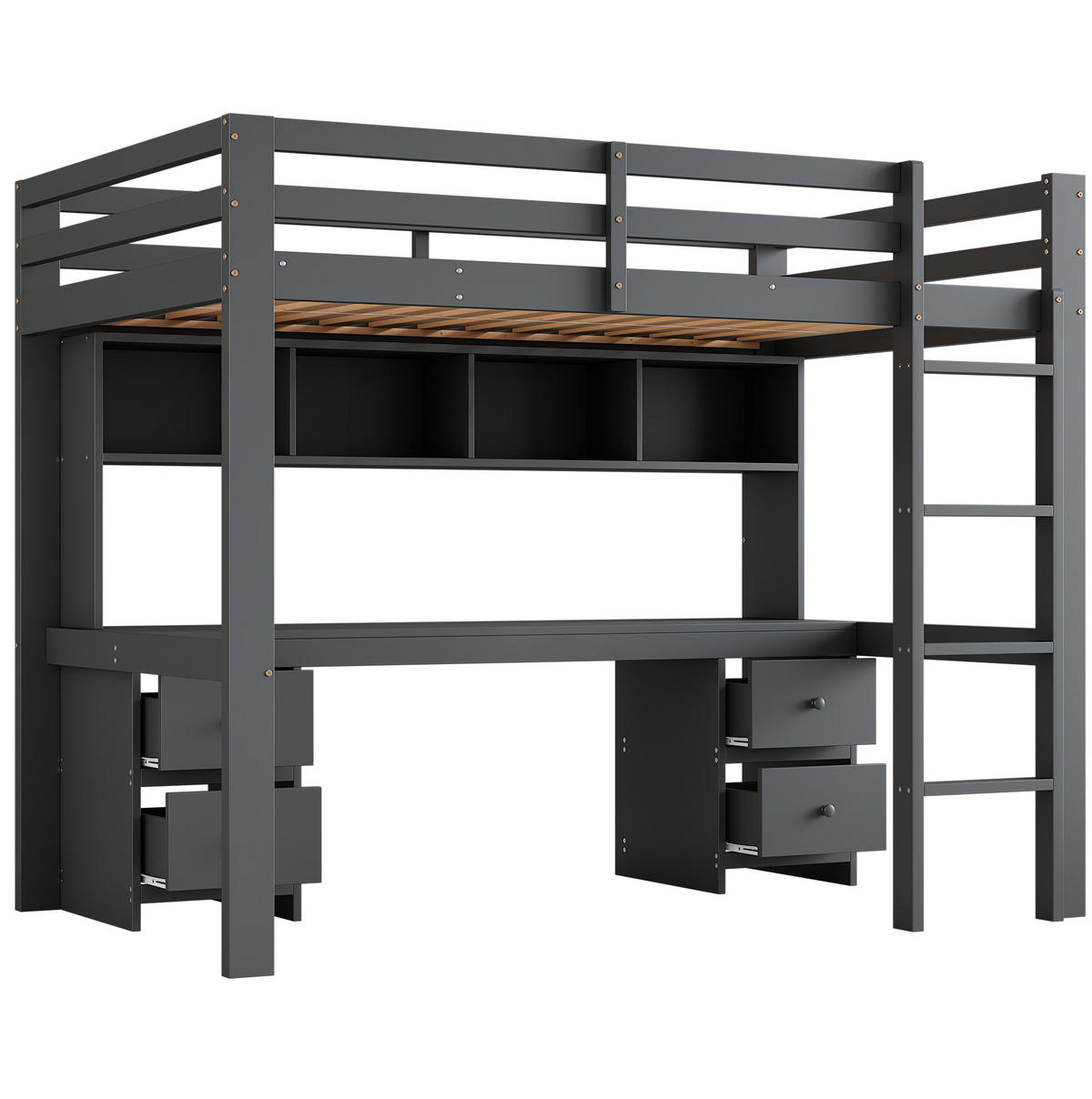 HOCHBETT 90/200 cm aus Kiefer massiv und MDF mit Schreibtisch und Stauraum Grau - Grau, Holz (90/200cm) - Modenvie