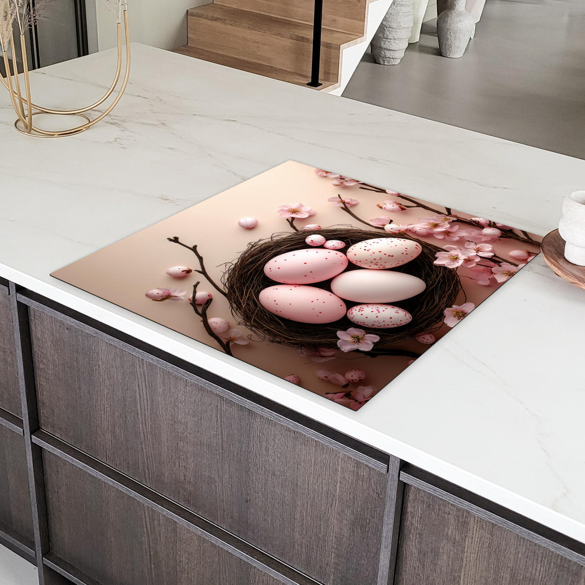 HERDABDECKPLATTE Rosa - Blüten - Eier Induktionsmatte 78x78 cm - Hellrosa, Kunststoff (78/78/0.2cm) - MuchoWow