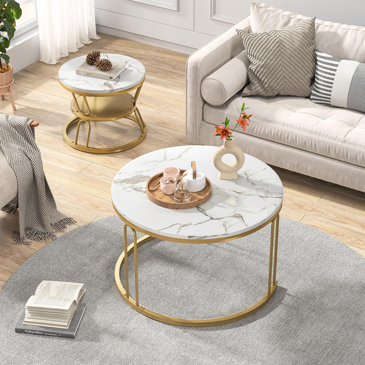 COUCHTISCH 2er Set rund schiebbar Marmoroptik Metall gold weiß - Weiß, Holz (45/70/44.2cm) - LEBENLANG