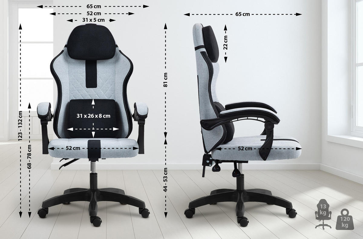 BÜROSTUHL Zayro Stoff grau/schwarz - Schwarz/Grau, Textil/Metall (65/132/65cm) - TPFLiving