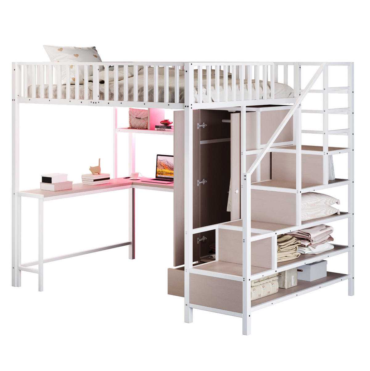 HOCHBETT 140/200 cm Weiß mit Schreibtisch, Kleiderschrank und LED-Beleuchtung - Weiß, Metall (140/200cm) - Flora Grace