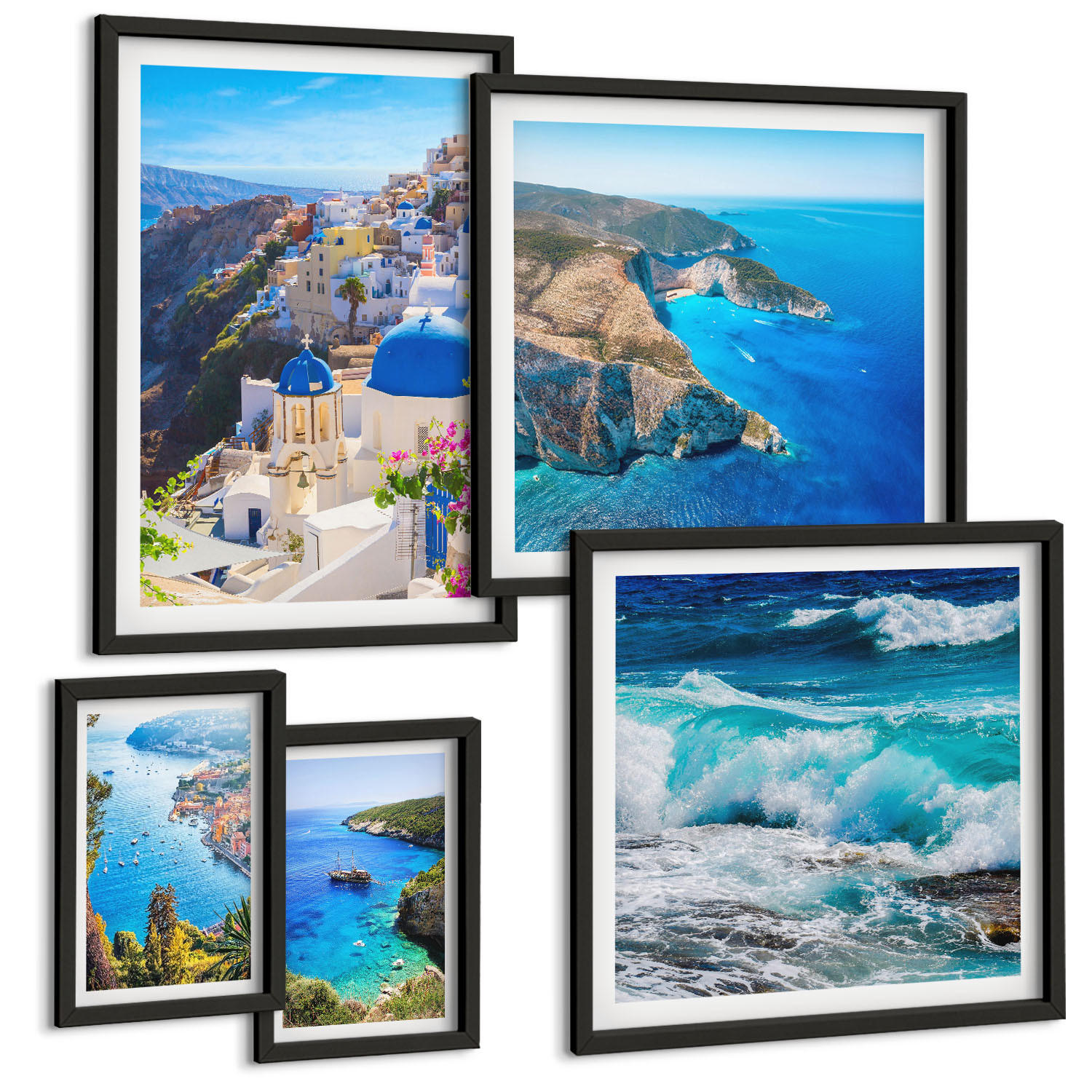BILDER SET 5er Set - 50x50 cm & 20x30 cm & 40x60 cm Schwarzer Rahmen - Griechische Ansichten von Santorin Oia - Schwarz, Kunststoff (40/60cm) - TULUP