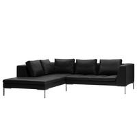 ECKSOFA mit Ottomane - Chromfarben/Schwarz, Leder/Metall (255/230cm) - home24